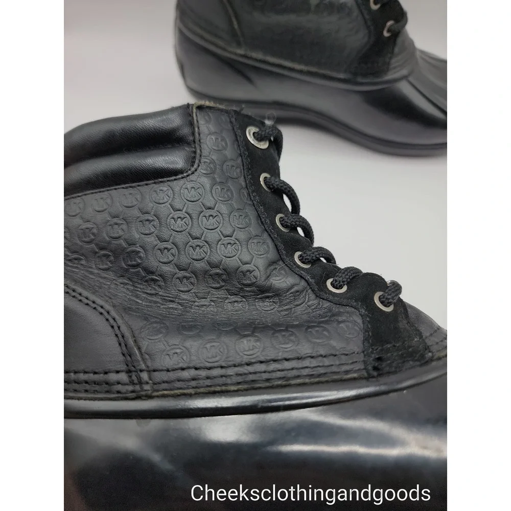 Michael Kors Black Monogram Leather Rubber Duck Boots Ankle Rain Snow Womens 9